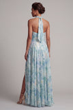 Keyhole A Line Light Green Floral Long Mother of the Bride Dress with Pockets
