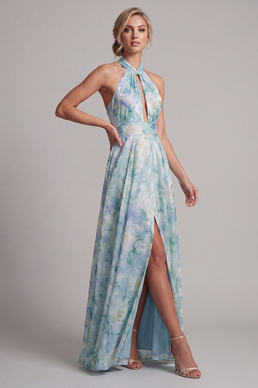 Keyhole A Line Light Green Floral Long Mother of the Bride Dress with Pockets