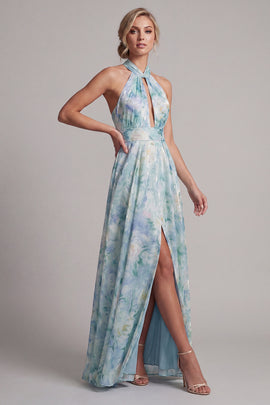 Keyhole A Line Light Green Floral Long Mother of the Bride Dress with Pockets