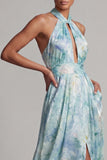 Keyhole A Line Light Green Floral Long Mother of the Bride Dress with Pockets