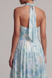 Keyhole A Line Light Green Floral Long Mother of the Bride Dress with Pockets