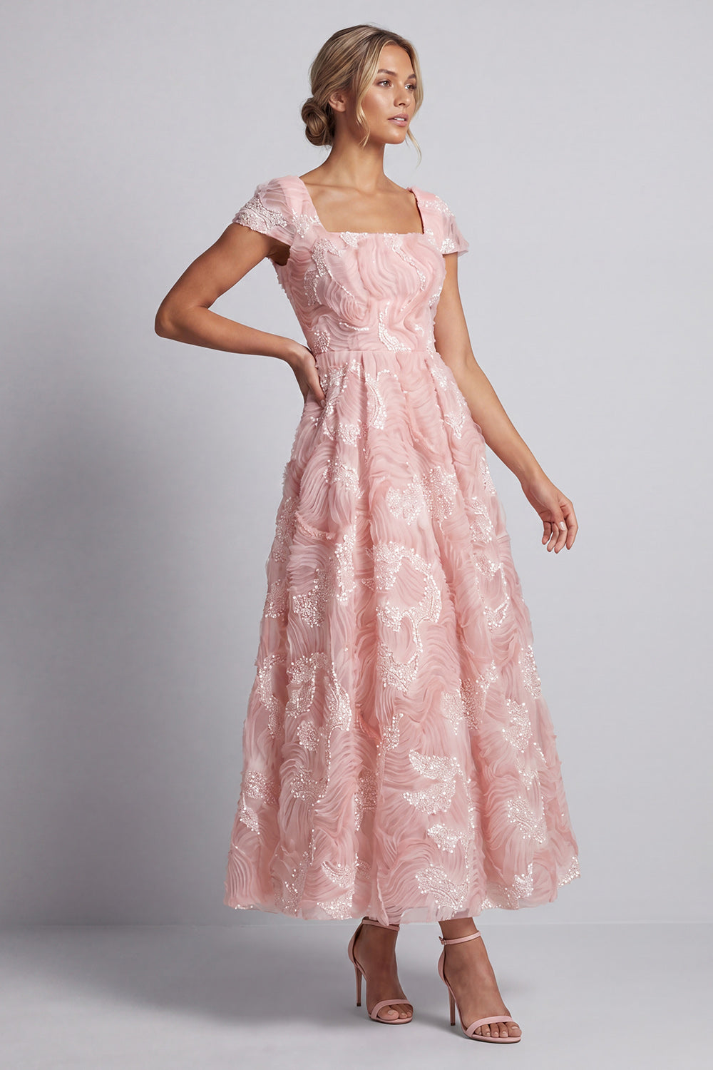 Square Neck Sparkly Blush Long A Line Beaded Mother of the Bride Dress