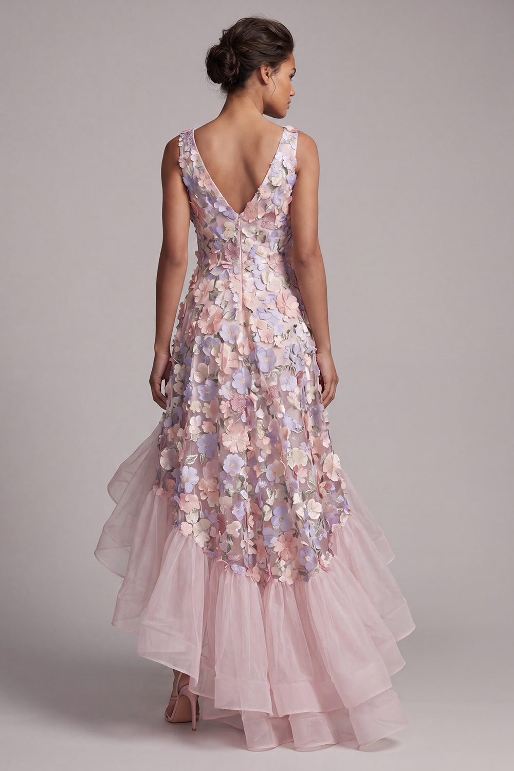 A Line Blush High Low Floral V-Neck Mother of the Bride Dress with Ruffles