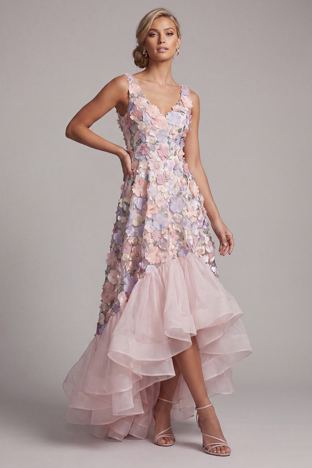 A Line Blush High Low Floral V-Neck Mother of the Bride Dress with Ruffles