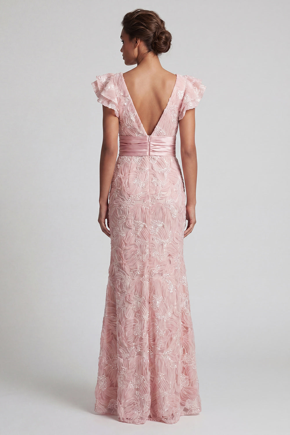 Mermaid Ruffled Sparkly Blush Long Beaded Mother of the Bride Dress with Slit