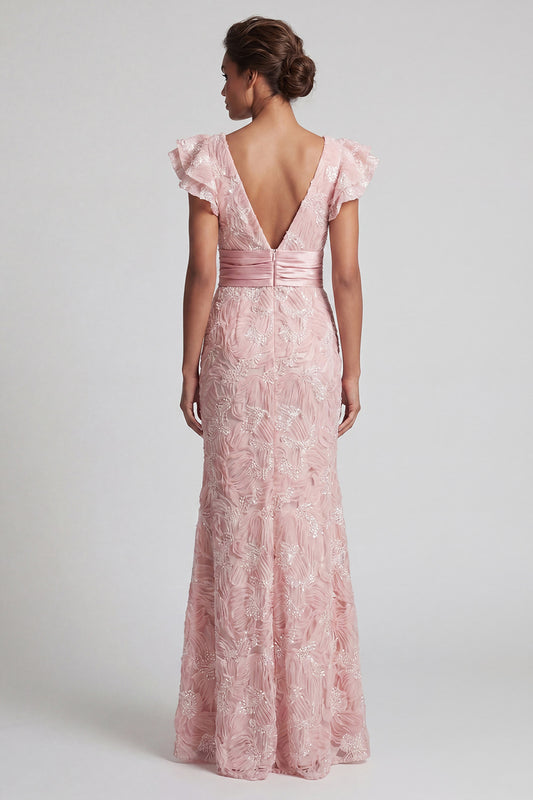 Mermaid Ruffled Sparkly Blush Long Beaded Mother of the Bride Dress with Slit