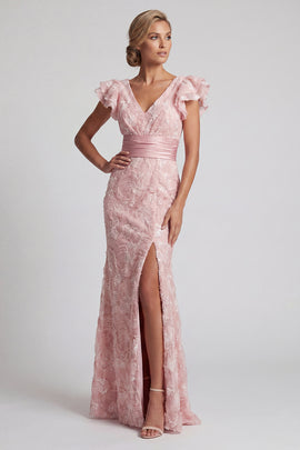 Mermaid Ruffled Sparkly Blush Long Beaded Mother of the Bride Dress with Slit