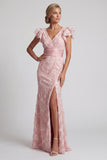 Mermaid Ruffled Sparkly Blush Long Beaded Mother of the Bride Dress with Slit