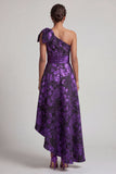 Dark Purple Floral Asymmetrical A Line Mother of the Bride Dress with Bow