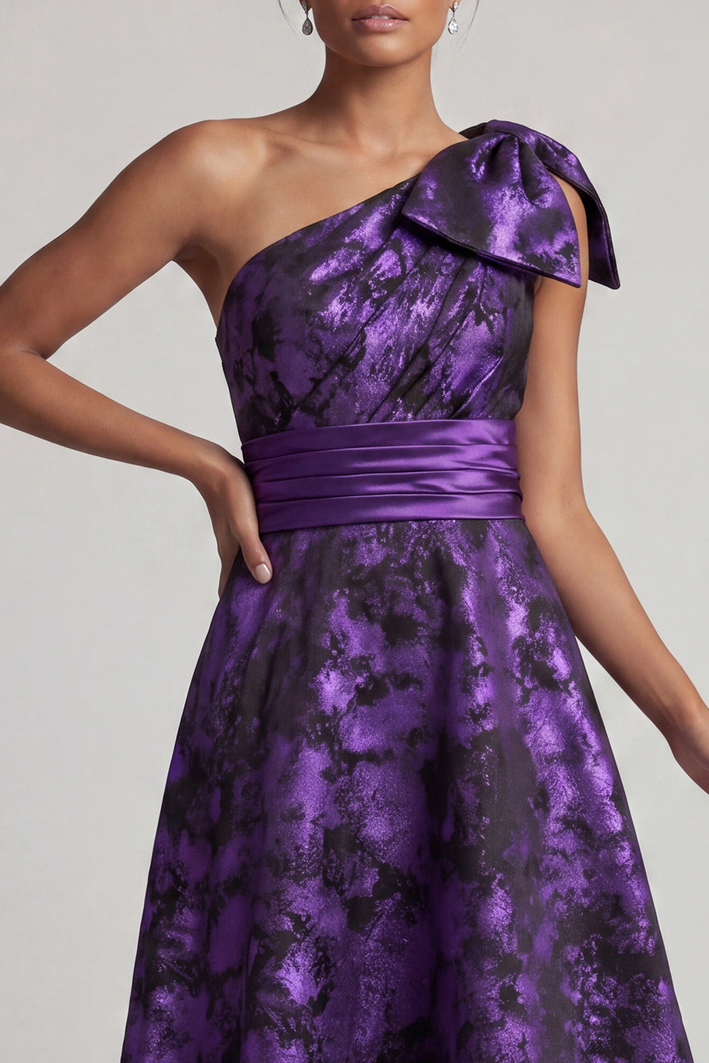 Dark Purple Floral Asymmetrical A Line Mother of the Bride Dress with Bow