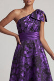 Dark Purple Floral Asymmetrical A Line Mother of the Bride Dress with Bow