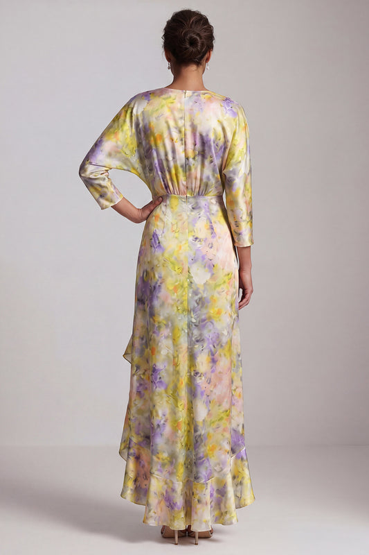 Printed Asymmetrical Butter Yellow Floral Mother of the Bride Dress with Ruffles