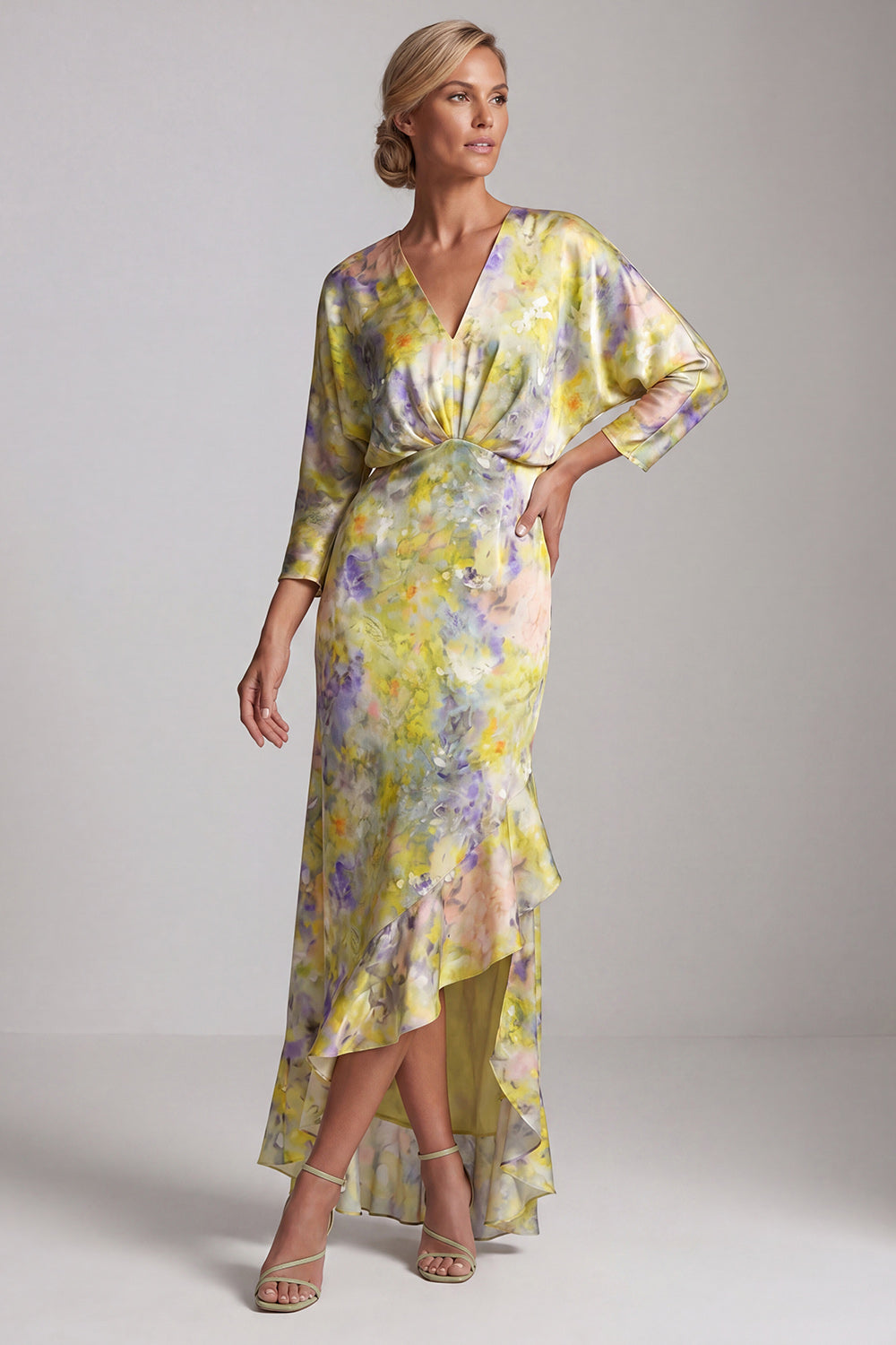 Printed Asymmetrical Butter Yellow Floral Mother of the Bride Dress with Ruffles