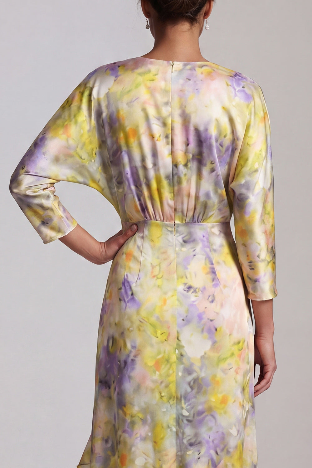 Printed Asymmetrical Butter Yellow Floral Mother of the Bride Dress with Ruffles