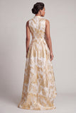 A Line V-Neck Sparkly Champagne Long Floral Mother of the Bride Dress