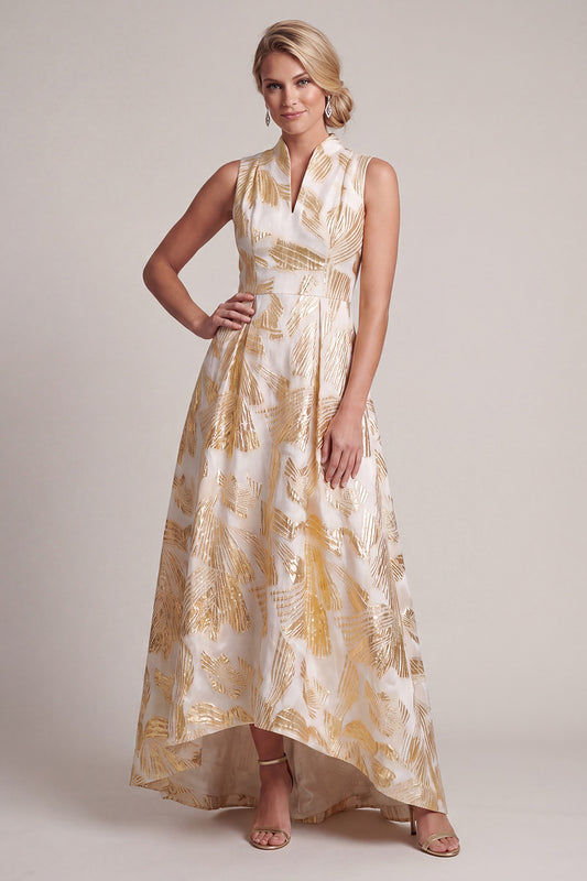 A Line V-Neck Sparkly Champagne Long Floral Mother of the Bride Dress