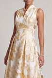 A Line V-Neck Sparkly Champagne Long Floral Mother of the Bride Dress