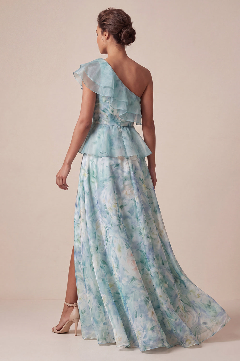 Light Green A Line Ruffled Floral Long Mother of the Bride Dress with Slit