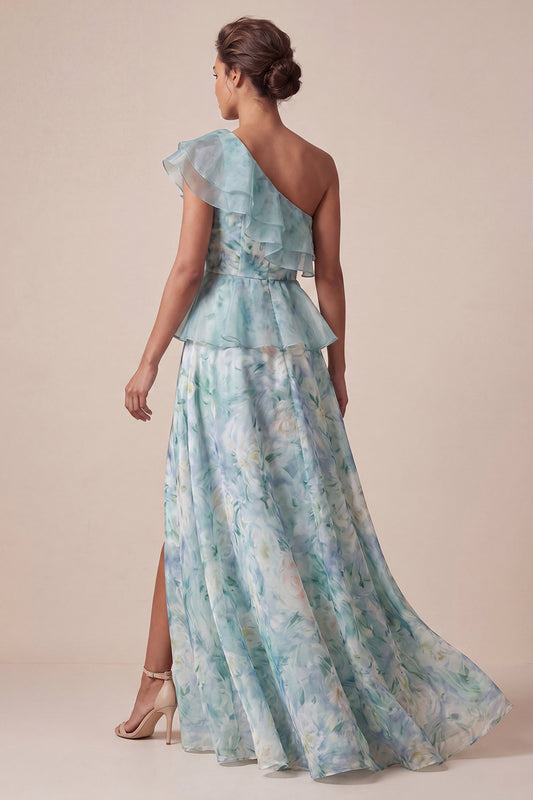 Light Green A Line Ruffled Floral Long Mother of the Bride Dress with Slit