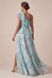 Light Green A Line Ruffled Floral Long Mother of the Bride Dress with Slit