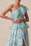 Light Green A Line Ruffled Floral Long Mother of the Bride Dress with Slit
