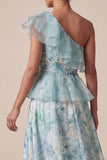 Light Green A Line Ruffled Floral Long Mother of the Bride Dress with Slit