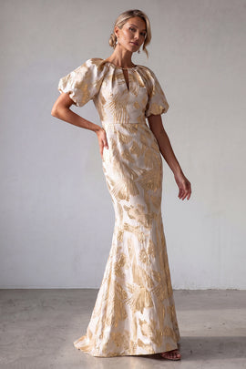 Zapakasa Women Sparkly Champagne Floral Long Mother of the Bride Dress  Round Neck Keyhole Puff Sleeves Wedding Guest Dress
