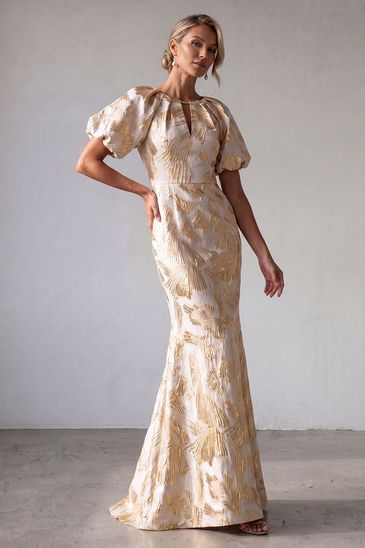 Mermaid Keyhole Sparkly Champagne Long Floral Mother of the Bride Dress
