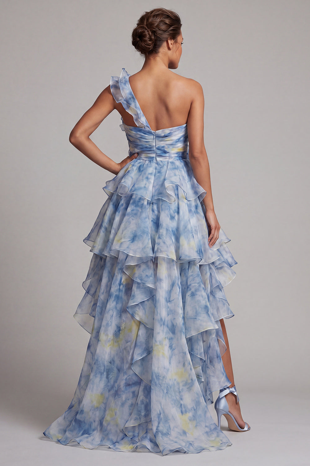 A Line Dusty Blue High Low Mother of the Bride Dress with Ruffles