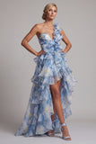 A Line Dusty Blue High Low Mother of the Bride Dress with Ruffles