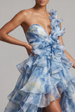 A Line Dusty Blue High Low Mother of the Bride Dress with Ruffles