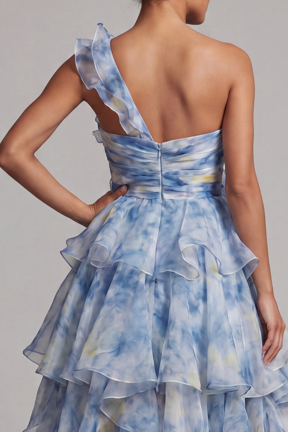 Zapakasa Women Dusty Blue High Low Mother of the Bride Dress with Ruffles  One Shoulder A Line Wedding Guest Dress