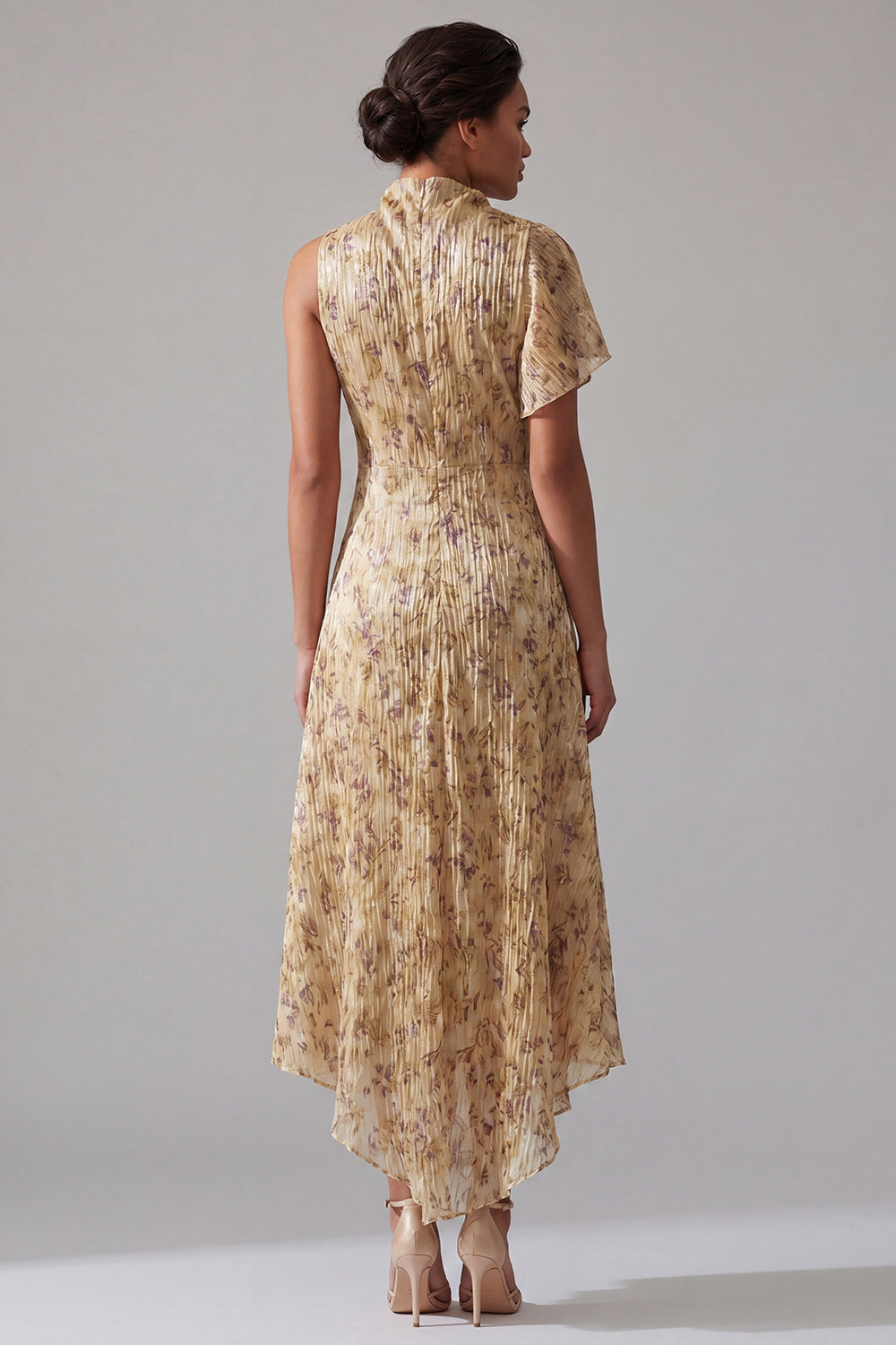 High Neck A Line Asymmetrical Floral Champagne Mother of the Bride Dress