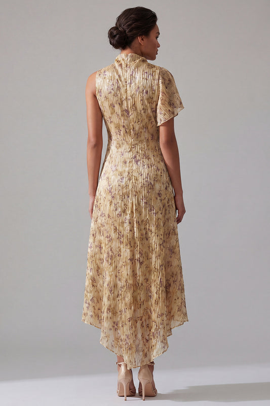 High Neck A Line Asymmetrical Floral Champagne Mother of the Bride Dress