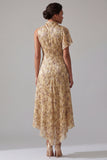 High Neck A Line Asymmetrical Floral Champagne Mother of the Bride Dress