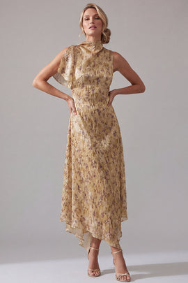 High Neck A Line Asymmetrical Floral Champagne Mother of the Bride Dress