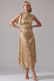 High Neck A Line Asymmetrical Floral Champagne Mother of the Bride Dress