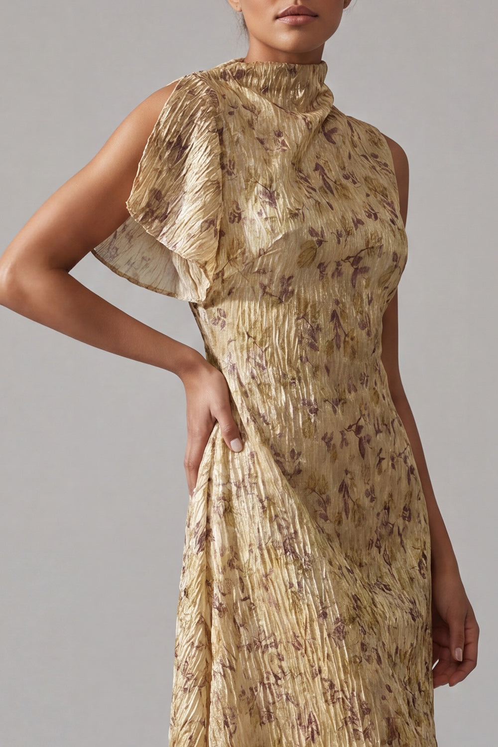 High Neck A Line Asymmetrical Floral Champagne Mother of the Bride Dress