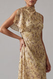 High Neck A Line Asymmetrical Floral Champagne Mother of the Bride Dress