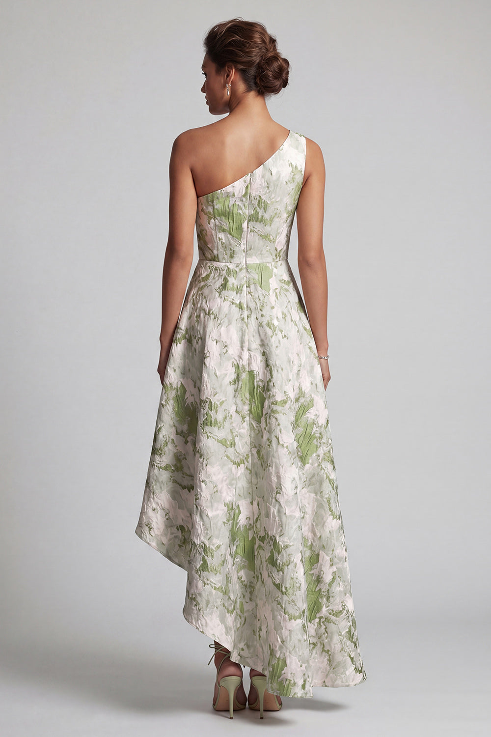 One Shoulder Asymmetrical A Line Light Green Floral Mother of the Bride Dress