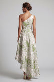 One Shoulder Asymmetrical A Line Light Green Floral Mother of the Bride Dress