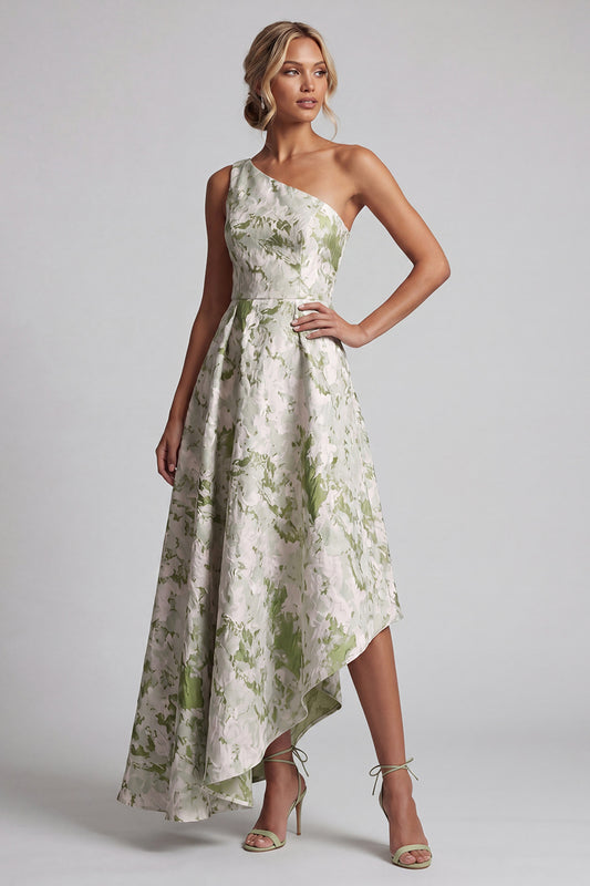 One Shoulder Asymmetrical A Line Light Green Floral Mother of the Bride Dress
