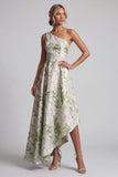 One Shoulder Asymmetrical A Line Light Green Floral Mother of the Bride Dress