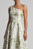 One Shoulder Asymmetrical A Line Light Green Floral Mother of the Bride Dress