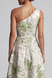 One Shoulder Asymmetrical A Line Light Green Floral Mother of the Bride Dress