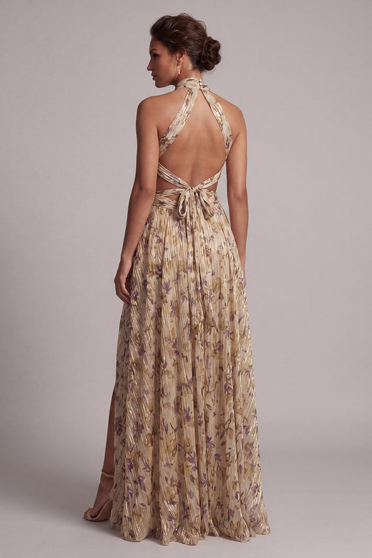 A Line Long Floral Champagne Cut Out Mother of the Bride Dress with Slit