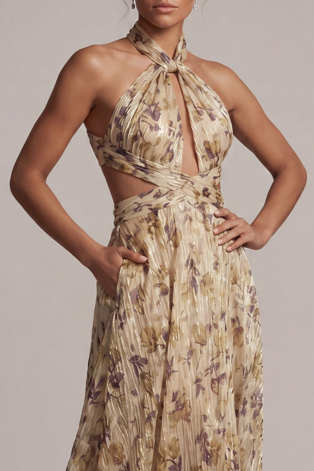 A Line Long Floral Champagne Cut Out Mother of the Bride Dress with Slit