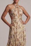 A Line Long Floral Champagne Cut Out Mother of the Bride Dress with Slit