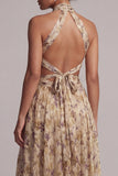 A Line Long Floral Champagne Cut Out Mother of the Bride Dress with Slit