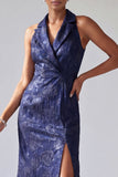 Halter Backless Floral Dark Purple Long Mermaid Mother of the Bride Dress with Slit